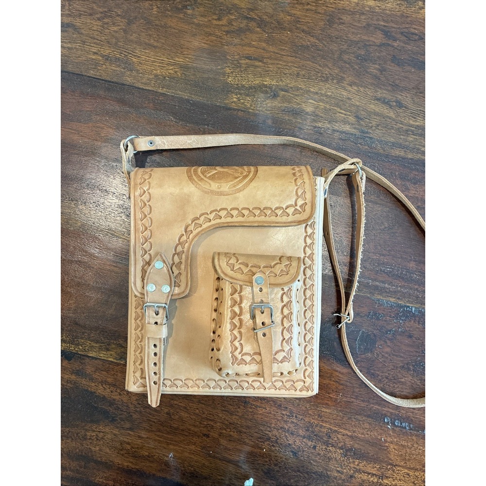Handmade Genuine Tooled Leather Crossbody Messenger Bag w/Mexican Aztec Calendar